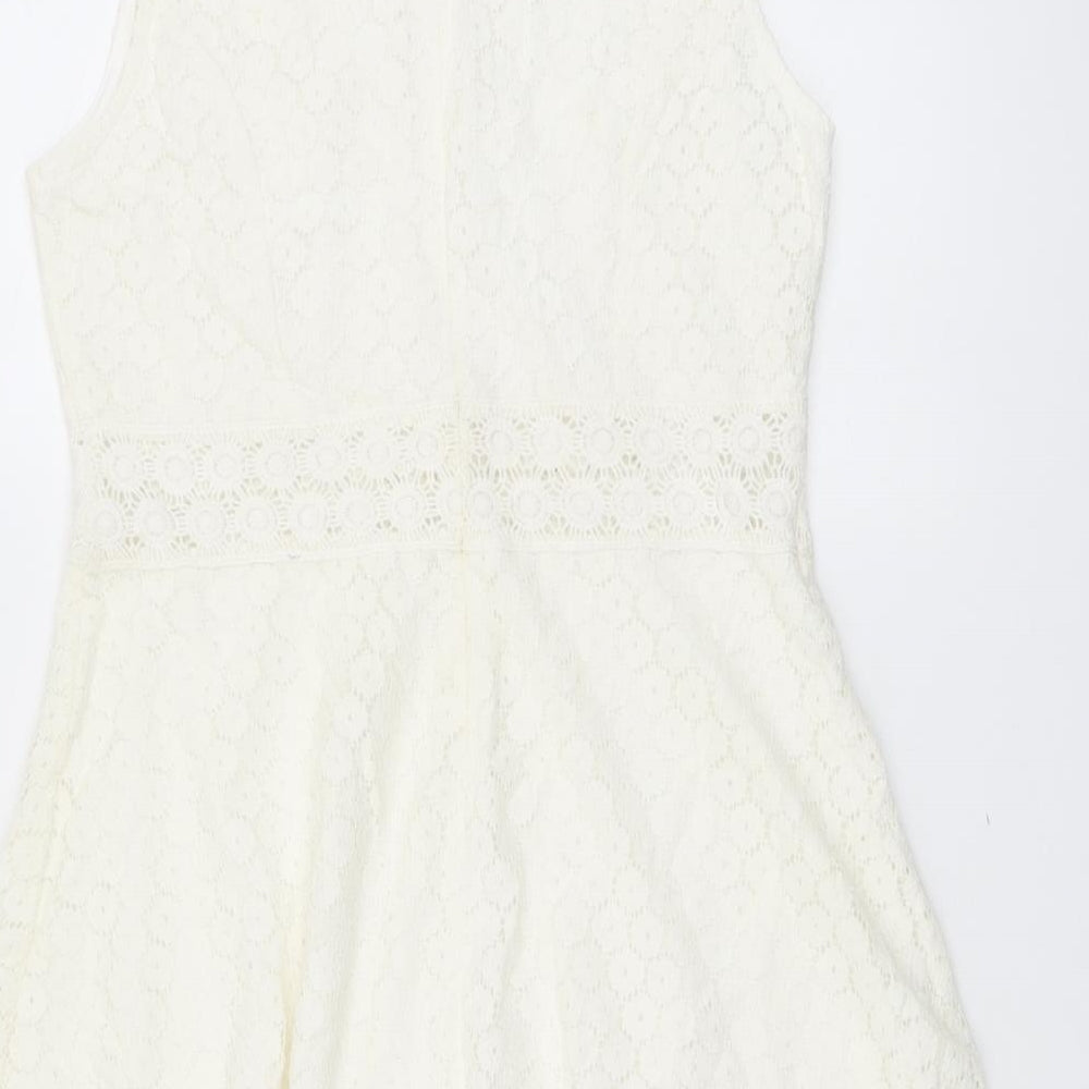 Rebellion Womens Ivory Floral Cotton Skater Dress Size M Scoop Neck Zip