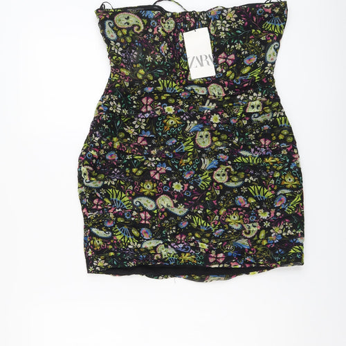 Zara Womens Black Floral Polyester Bodycon Size L Off the Shoulder Zip - Bandeau Top