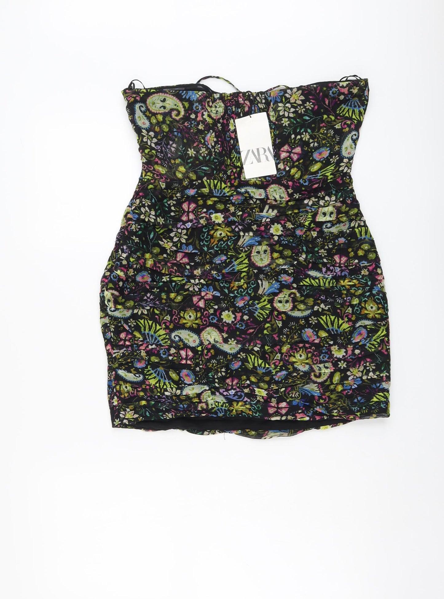 Zara Womens Black Floral Polyester Bodycon Size L Off the Shoulder Zip - Bandeau Top