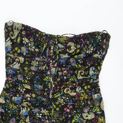 Zara Womens Black Floral Polyester Bodycon Size L Off the Shoulder Zip - Bandeau Top