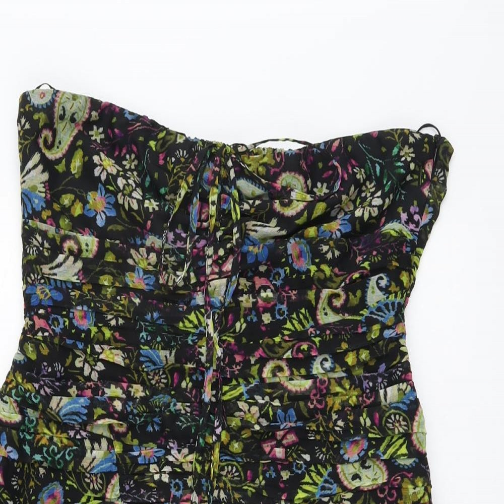 Zara Womens Black Floral Polyester Bodycon Size L Off the Shoulder Zip - Bandeau Top