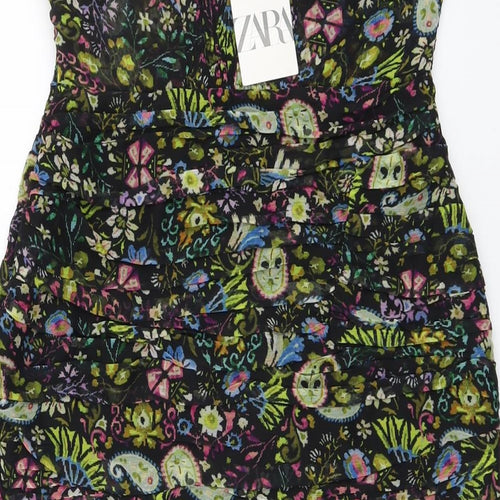 Zara Womens Black Floral Polyester Bodycon Size L Off the Shoulder Zip - Bandeau Top