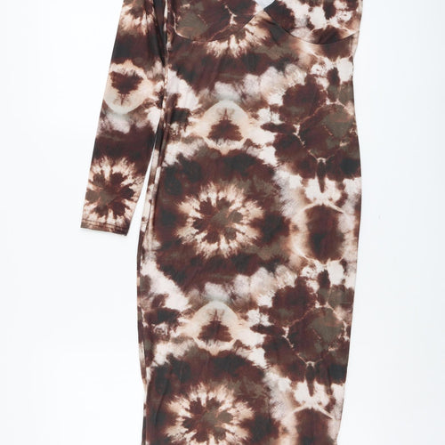 Boohoo Womens Brown Geometric Polyester Bodycon Size 10 One Shoulder Pullover - Tie Dye