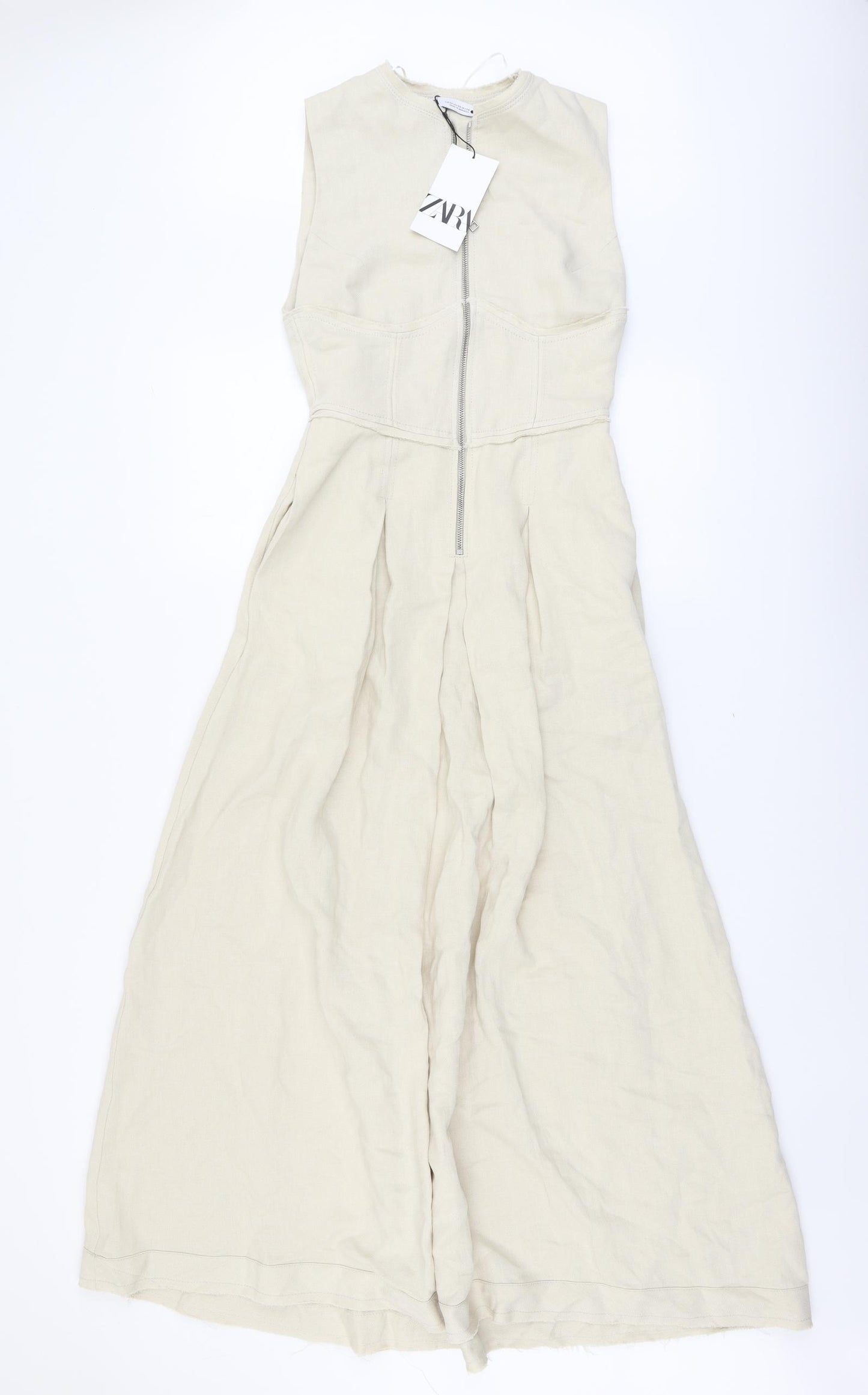 Zara Womens Beige Cotton Maxi Size XS Round Neck Zip
