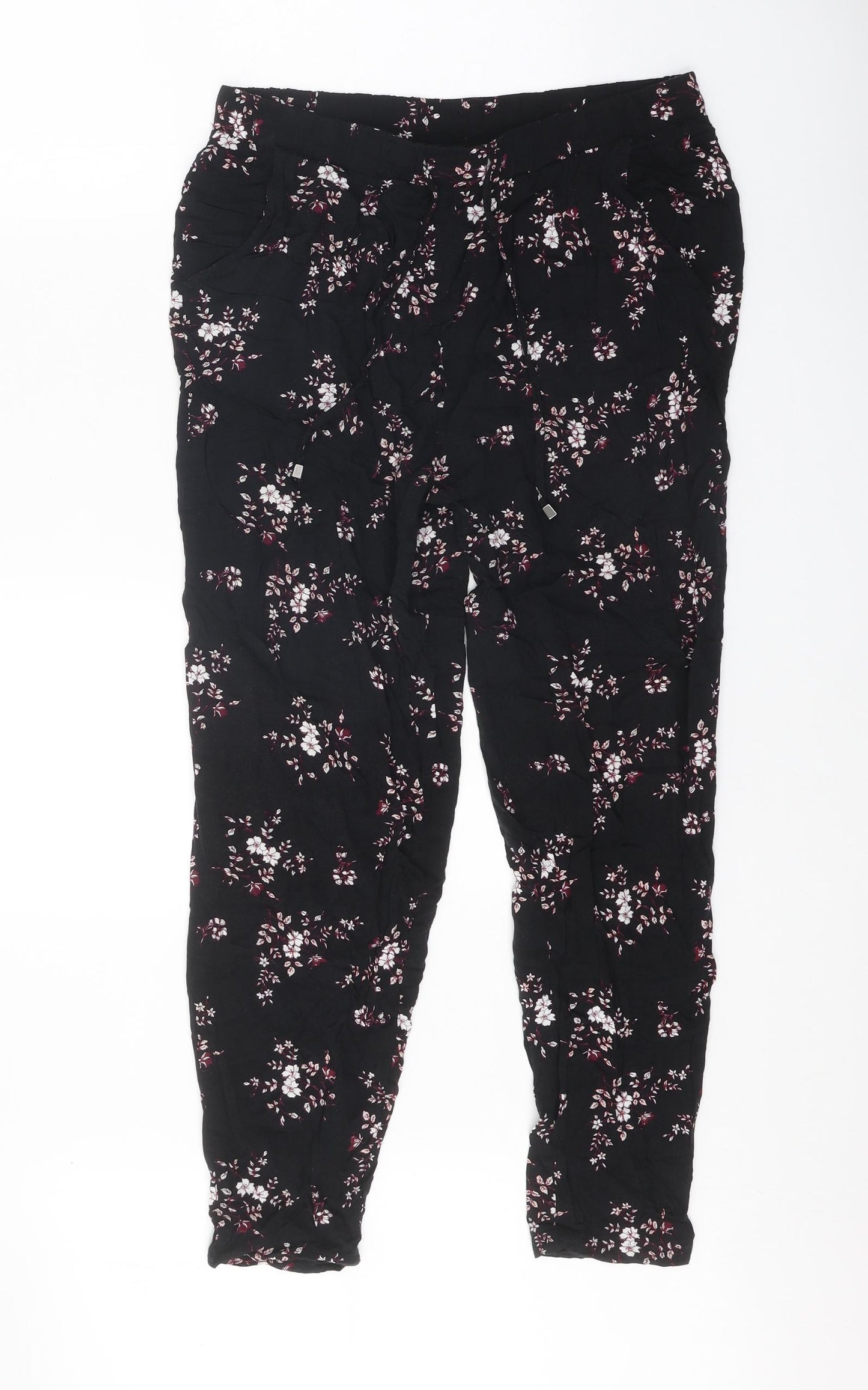 ESMARA Womens Black Floral Viscose Harem Trousers Size 14 Regular Tie