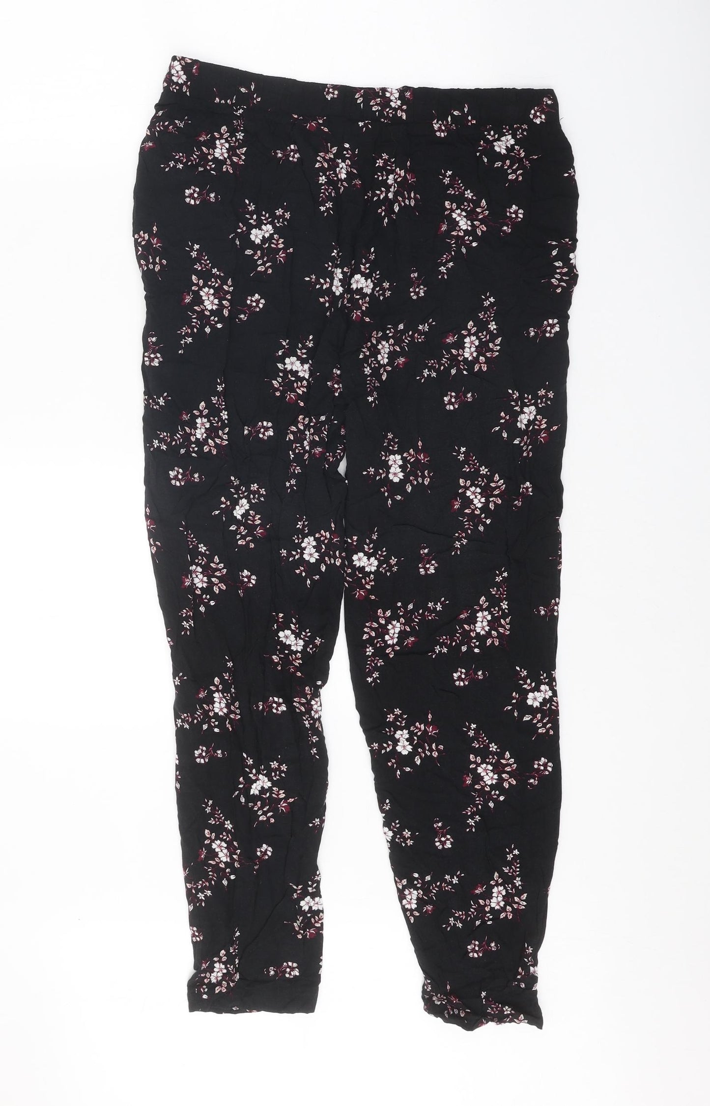 ESMARA Womens Black Floral Viscose Harem Trousers Size 14 Regular Tie