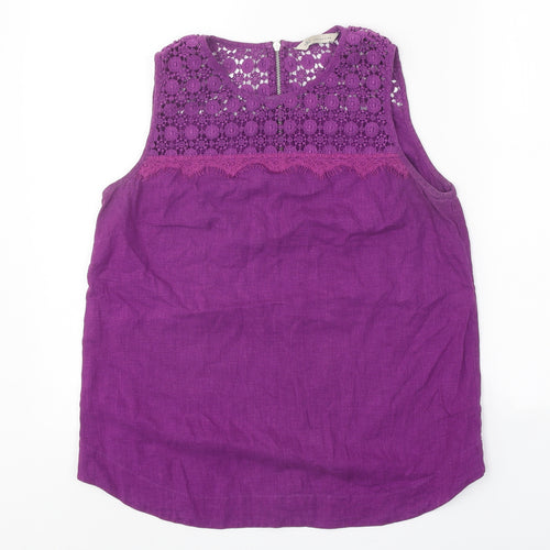Marks and Spencer Womens Purple Linen Basic Blouse Size 8 Boat Neck - Crocheted Lace Detail
