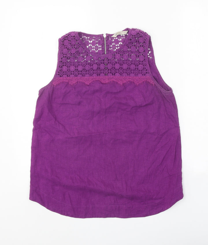 Marks and Spencer Womens Purple Linen Basic Blouse Size 8 Boat Neck - Crocheted Lace Detail