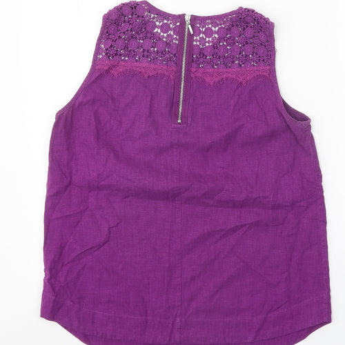 Marks and Spencer Womens Purple Linen Basic Blouse Size 8 Boat Neck - Crocheted Lace Detail