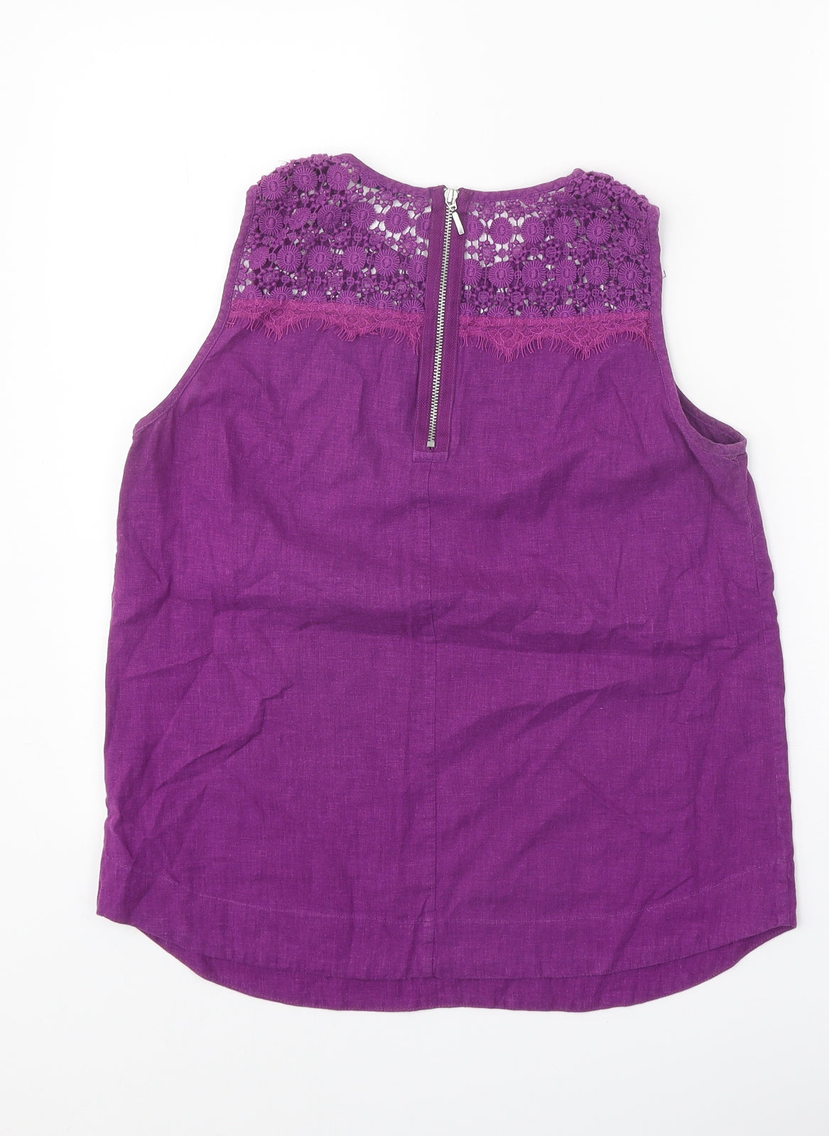 Marks and Spencer Womens Purple Linen Basic Blouse Size 8 Boat Neck - Crocheted Lace Detail