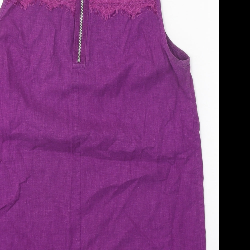 Marks and Spencer Womens Purple Linen Basic Blouse Size 8 Boat Neck - Crocheted Lace Detail
