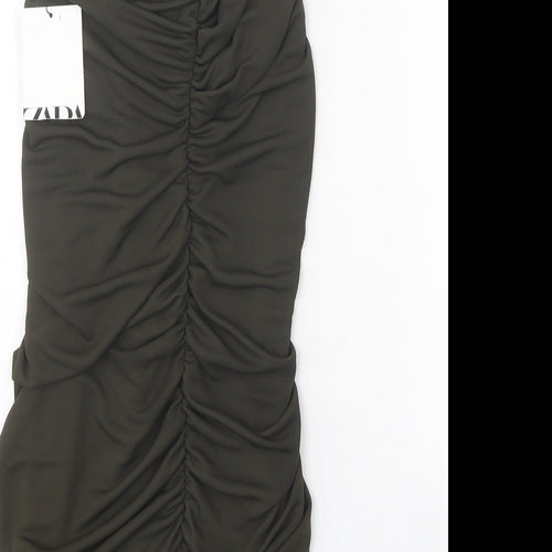 Zara Womens Green Herringbone Polyester Mini Size XS One Shoulder Tie