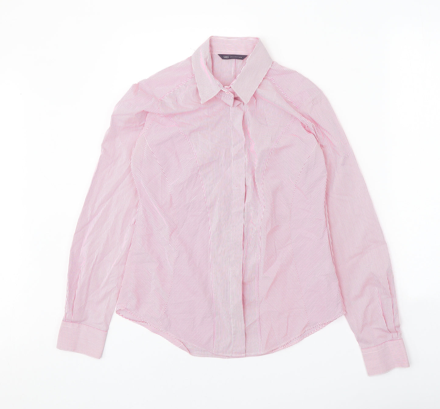 Marks and Spencer Womens Pink Striped Cotton Basic Button-Up Size 10 Collared