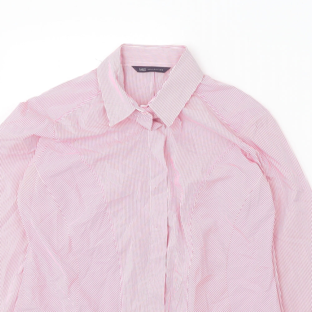 Marks and Spencer Womens Pink Striped Cotton Basic Button-Up Size 10 Collared