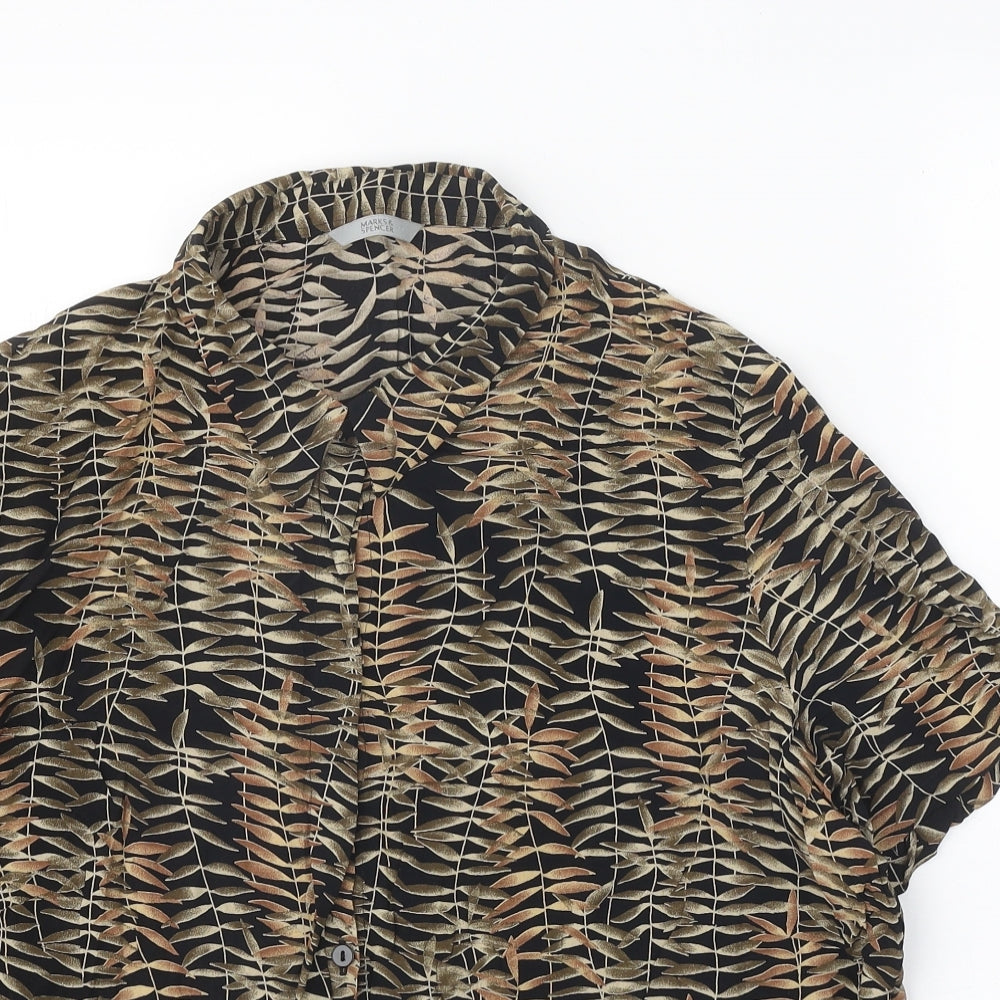 Marks and Spencer Womens Black Geometric Viscose Basic Button-Up Size 22 Collared - Leaf Print