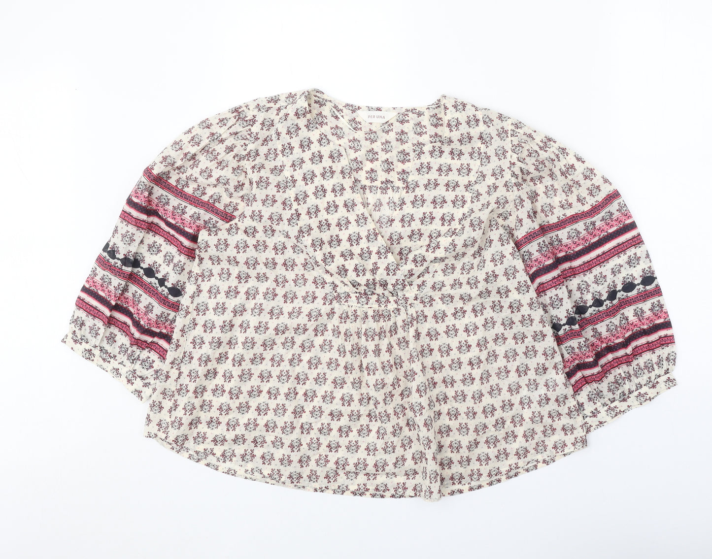 Per Una Womens Beige Geometric 100% Cotton Basic Blouse Size S V-Neck