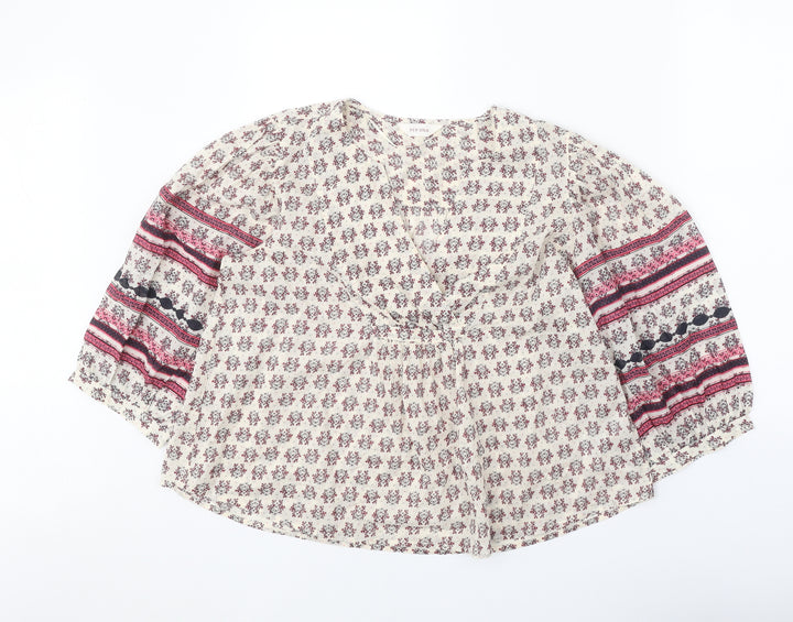 Per Una Womens Beige Geometric 100% Cotton Basic Blouse Size S V-Neck