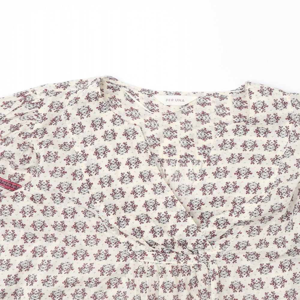 Per Una Womens Beige Geometric 100% Cotton Basic Blouse Size S V-Neck