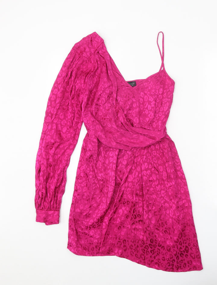 Topshop Womens Pink Animal Print Viscose Mini Size 8 One Shoulder Zip - Leopard Print