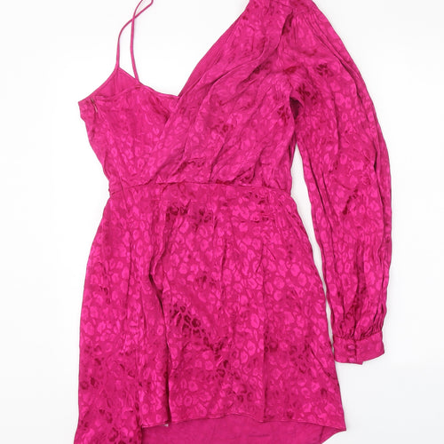 Topshop Womens Pink Animal Print Viscose Mini Size 8 One Shoulder Zip - Leopard Print