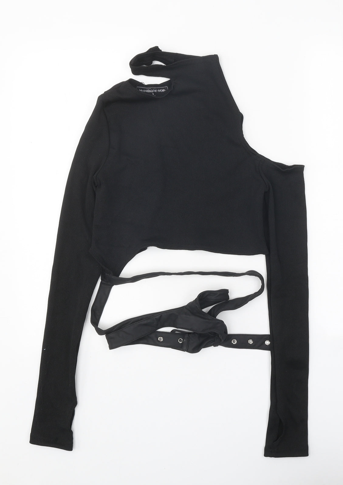 MANIER DE VOIR Womens Black Polyester Basic Blouse Size 8 Round Neck