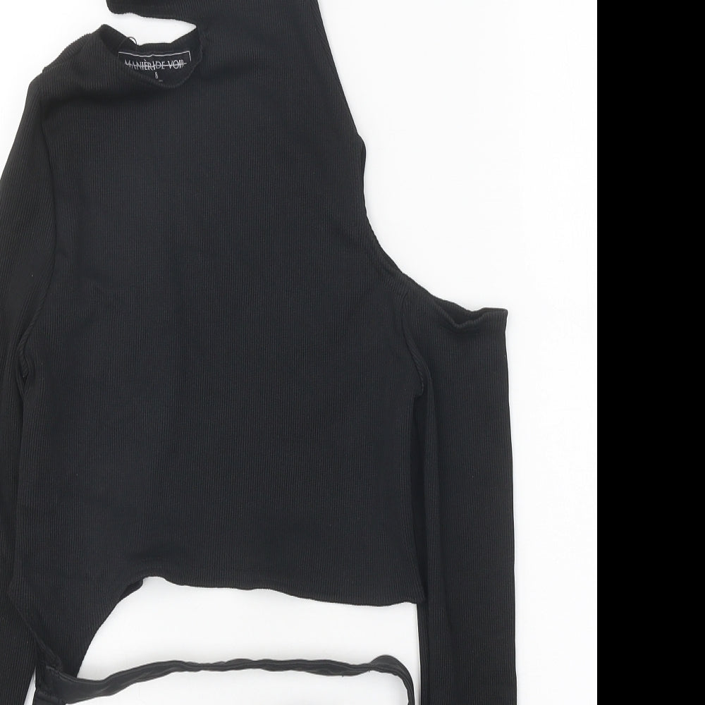 MANIER DE VOIR Womens Black Polyester Basic Blouse Size 8 Round Neck