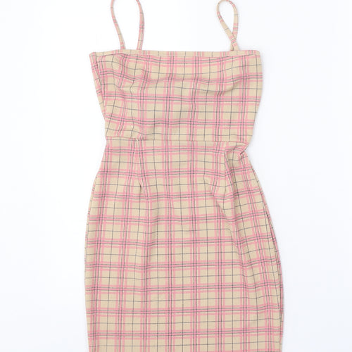 Daisy Street Womens Beige Plaid Polyester Bodycon Size 6 Square Neck Tie
