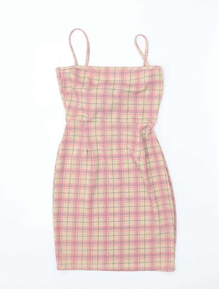 Daisy Street Womens Beige Plaid Polyester Bodycon Size 6 Square Neck Tie