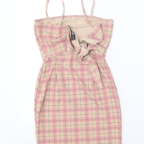 Daisy Street Womens Beige Plaid Polyester Bodycon Size 6 Square Neck Tie