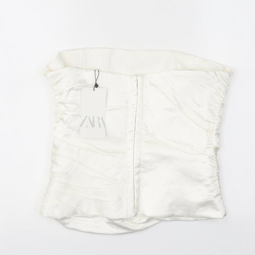 Zara Womens White Polyester Cropped Tank Size L Off the Shoulder - Ruched Corset