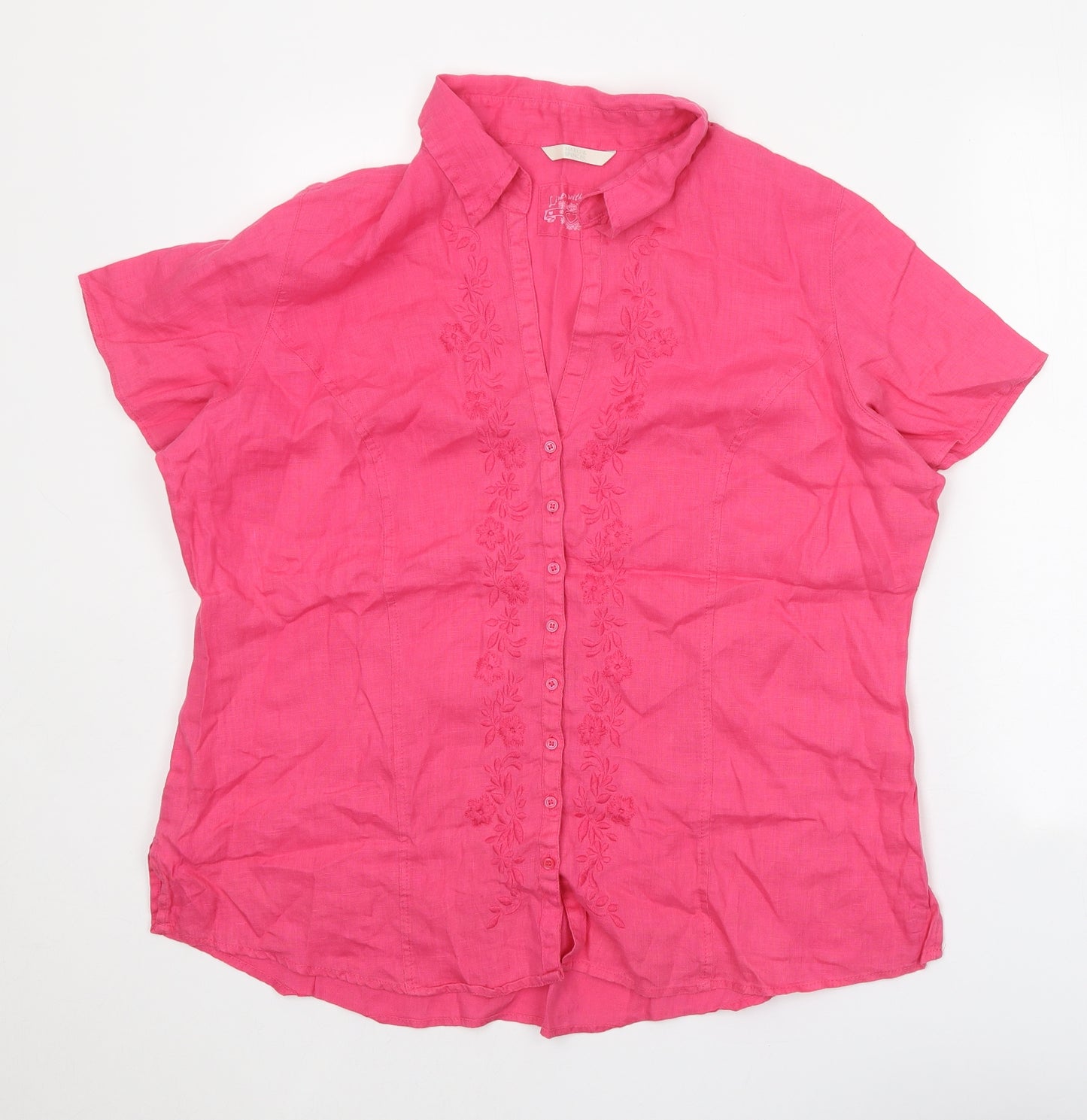 Marks and Spencer Womens Pink Linen Basic Button-Up Size 20 Collared