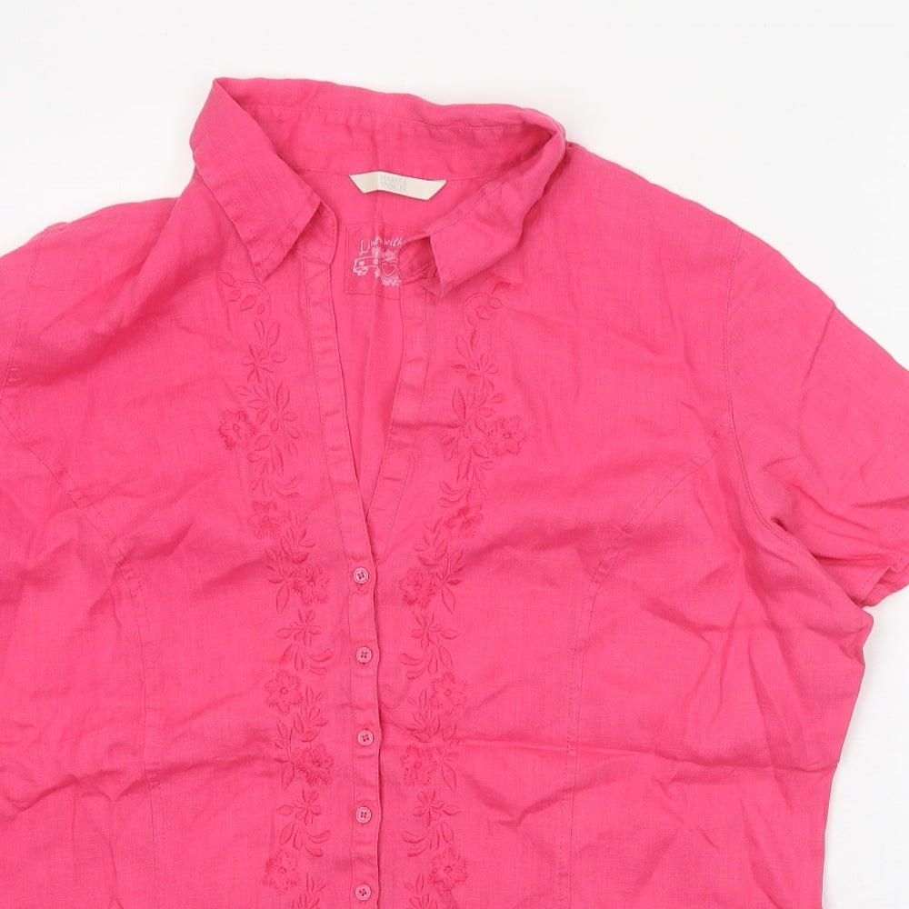 Marks and Spencer Womens Pink Linen Basic Button-Up Size 20 Collared
