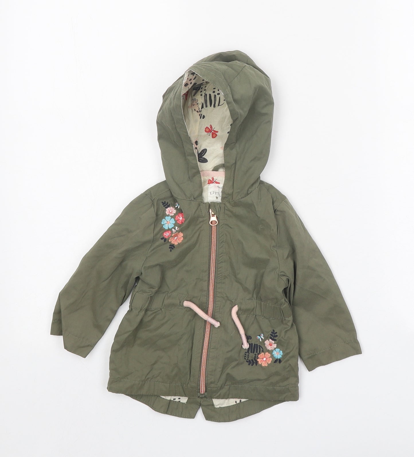 F&F Girls Green Basic Jacket Jacket Size 6-9 Months Zip - Floral Detail