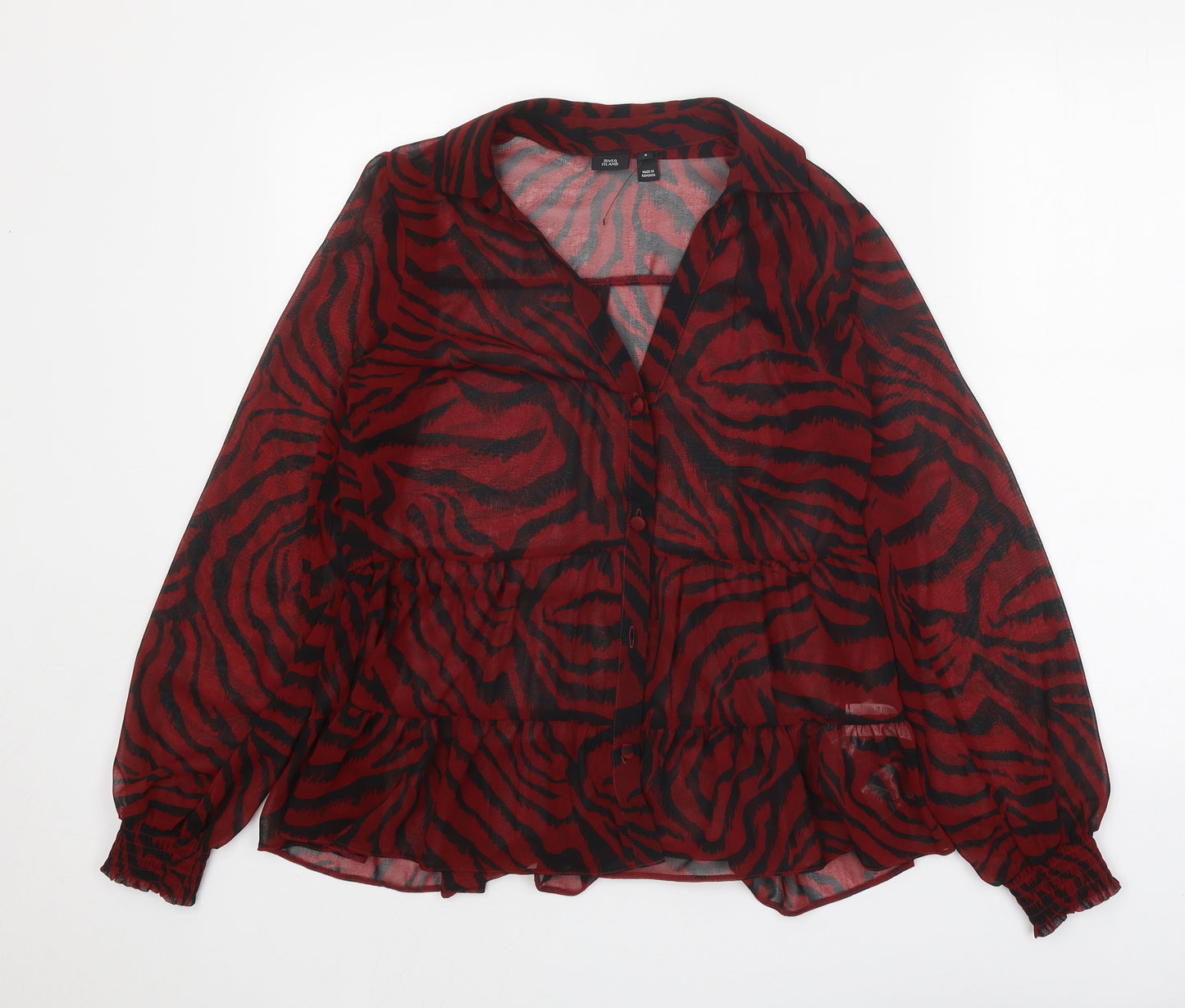 River Island Womens Red Animal Print Polyester Basic Blouse Size 8 Collared - Tiger Print