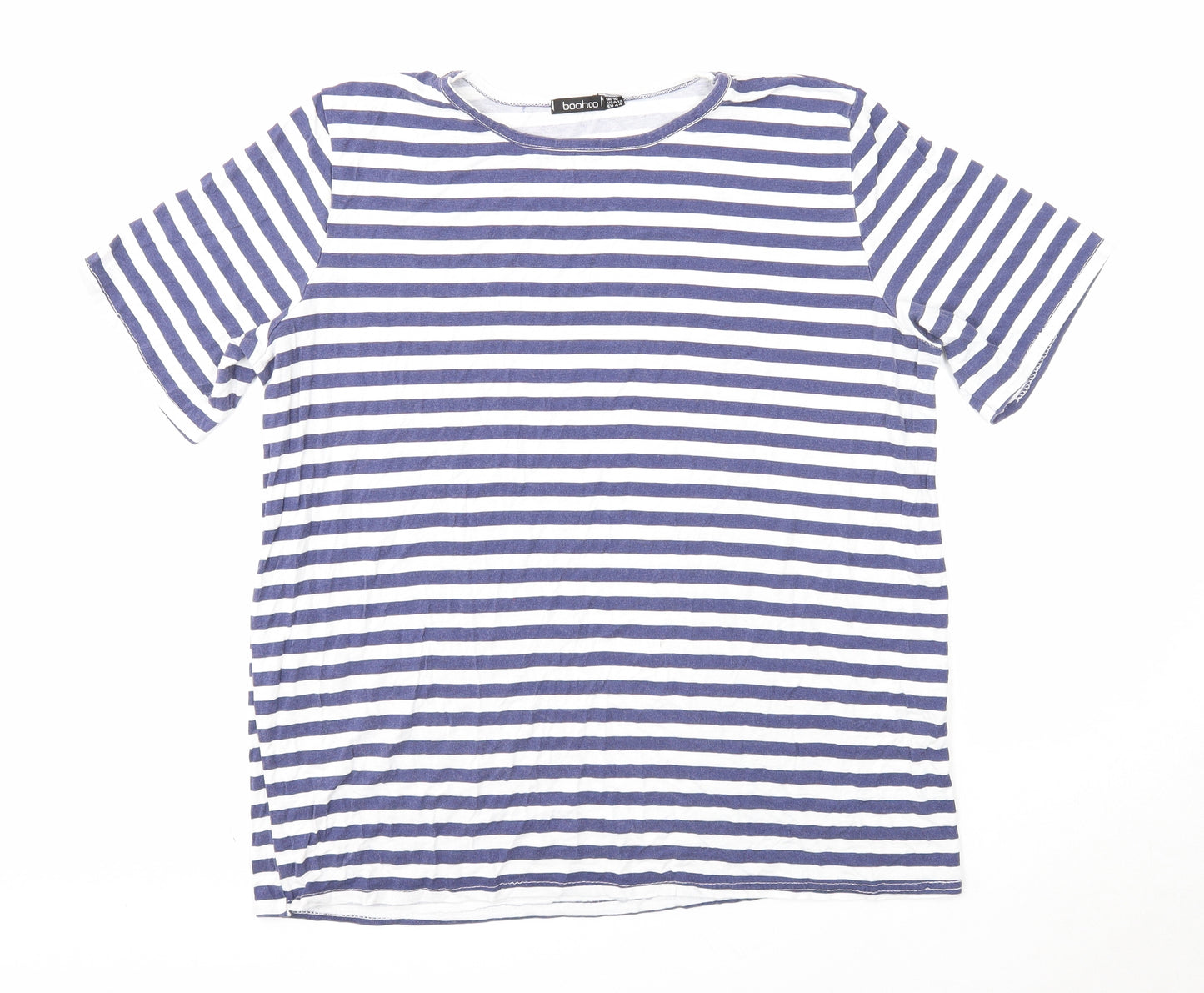 Boohoo Womens Blue Striped Viscose Basic T-Shirt Size 16 Round Neck