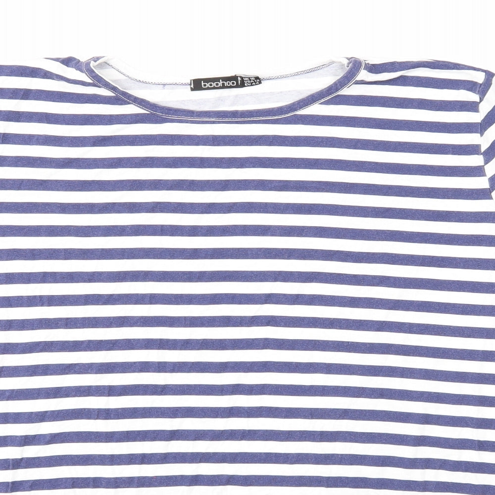 Boohoo Womens Blue Striped Viscose Basic T-Shirt Size 16 Round Neck