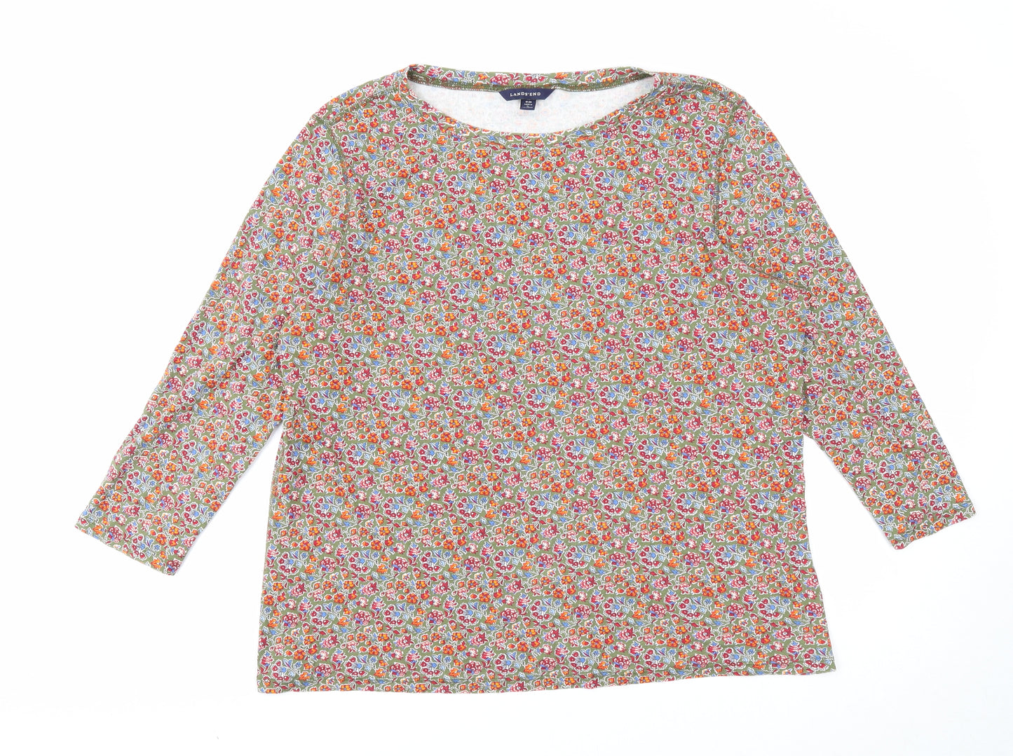 Lands' End Womens Green Floral Cotton Basic T-Shirt Size 18 Round Neck