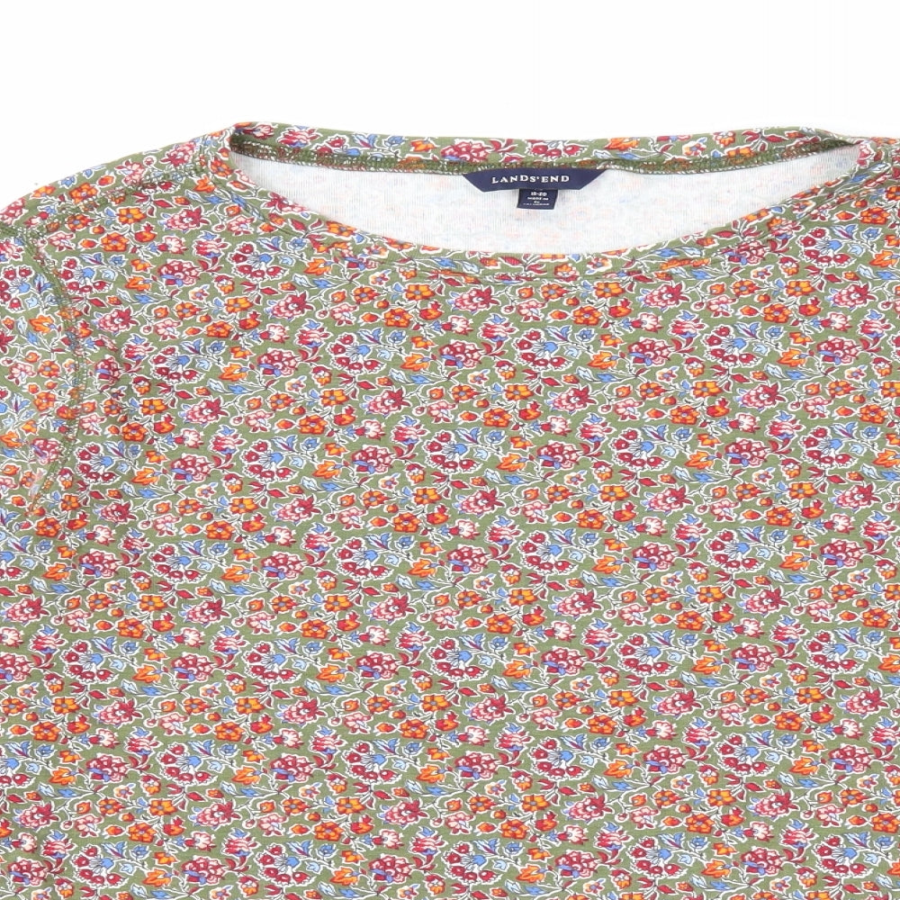 Lands' End Womens Green Floral Cotton Basic T-Shirt Size 18 Round Neck