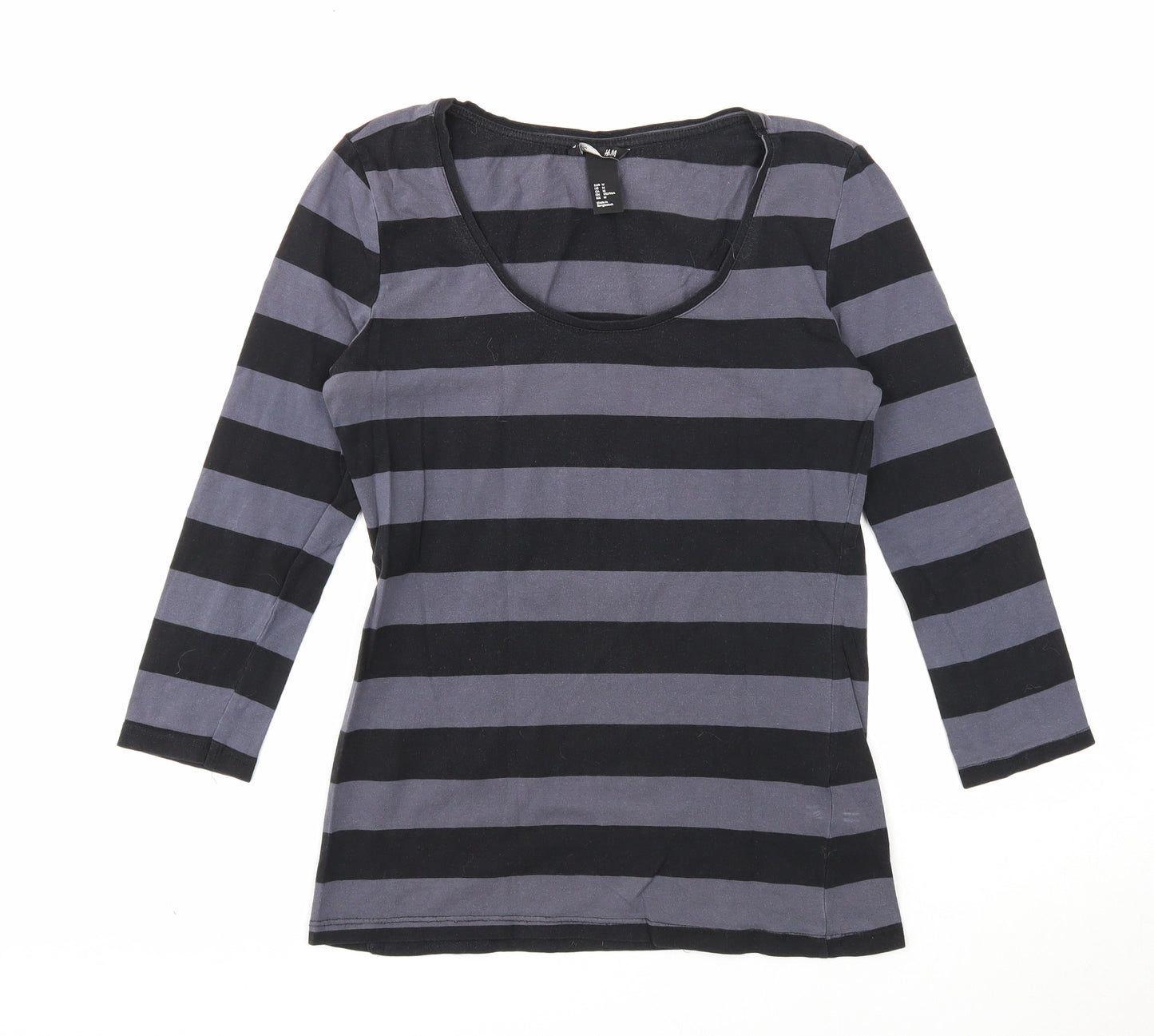 H&M Womens Black Striped Cotton Basic Blouse Size M Scoop Neck