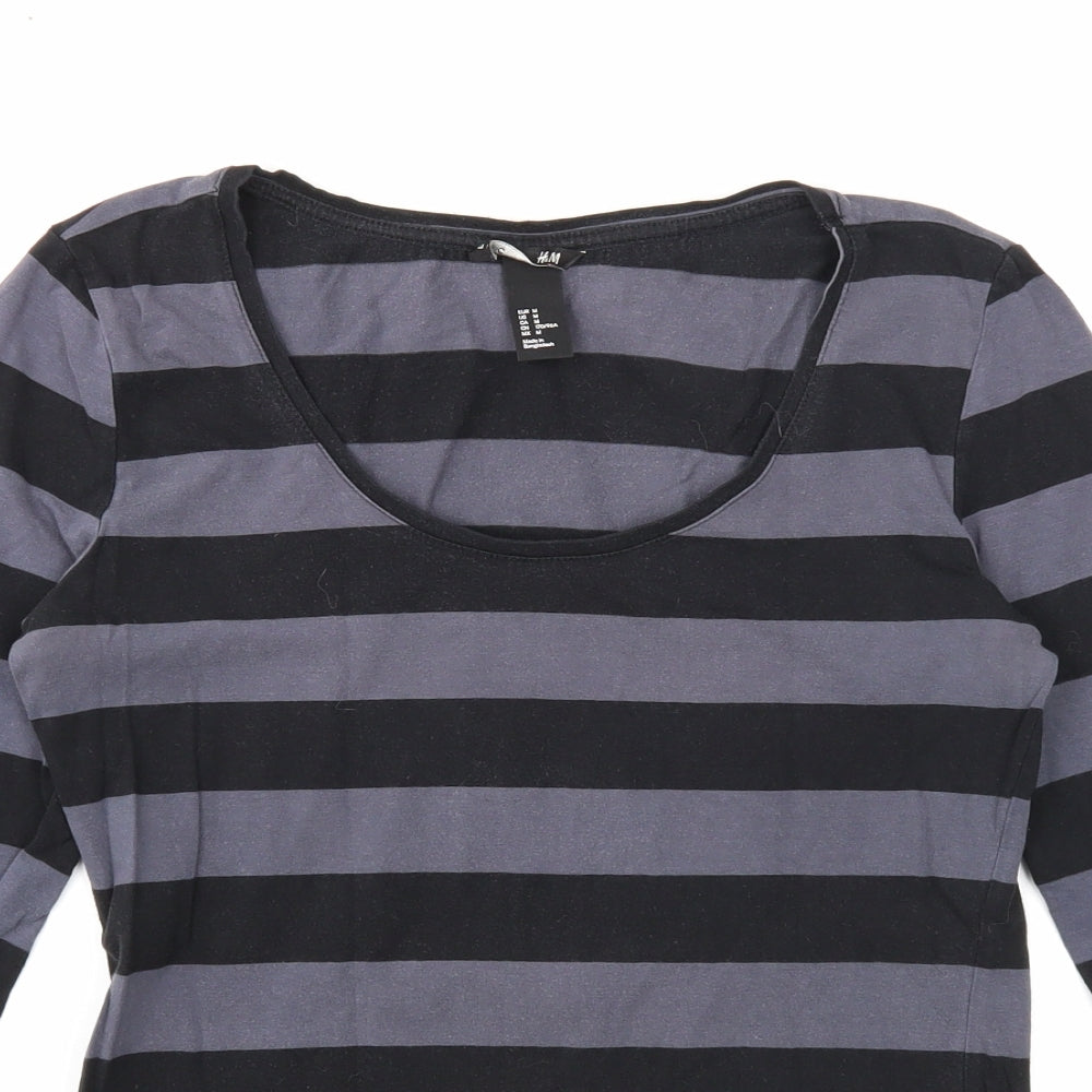 H&M Womens Black Striped Cotton Basic Blouse Size M Scoop Neck