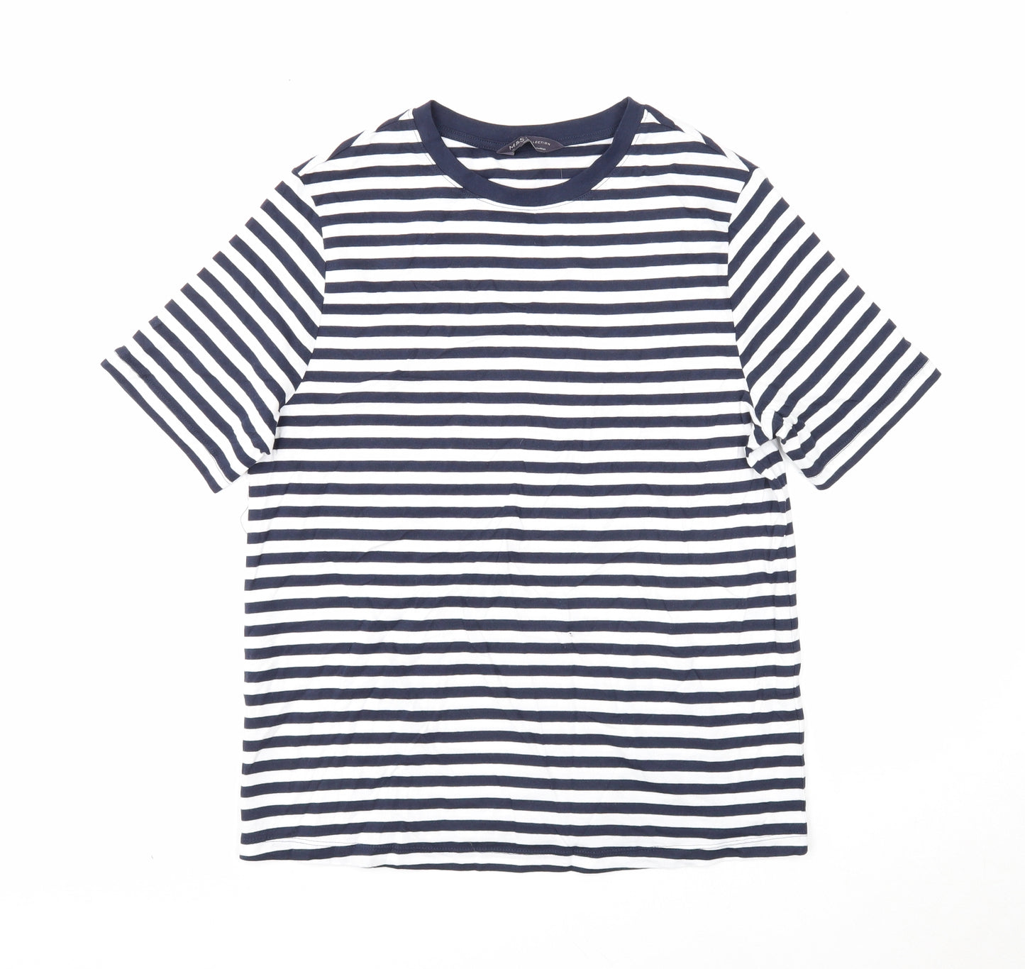 Marks and Spencer Womens Blue Striped Cotton Basic T-Shirt Size 12 Scoop Neck