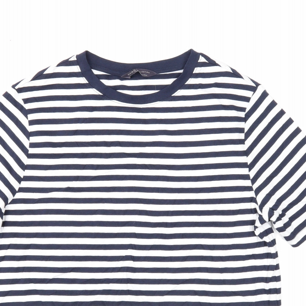 Marks and Spencer Womens Blue Striped Cotton Basic T-Shirt Size 12 Scoop Neck