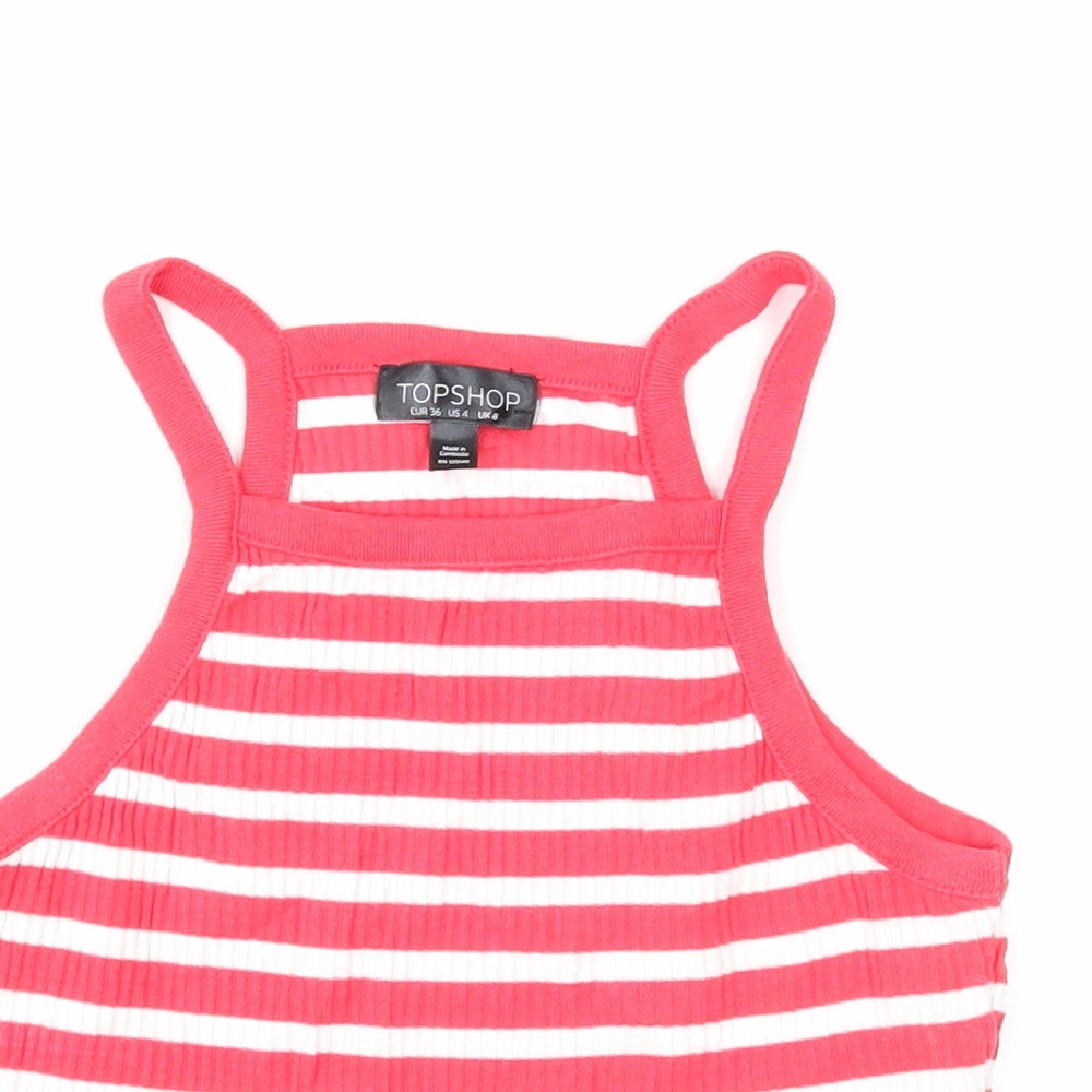 Topshop Womens Red Striped Cotton Basic Tank Size 8 Square Neck