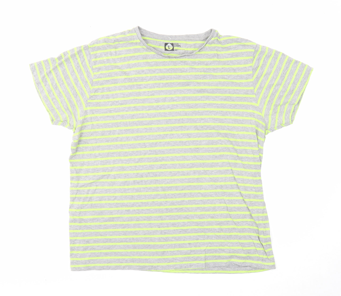 Cedar Wood State Womens Green Striped Cotton Basic T-Shirt Size L Round Neck
