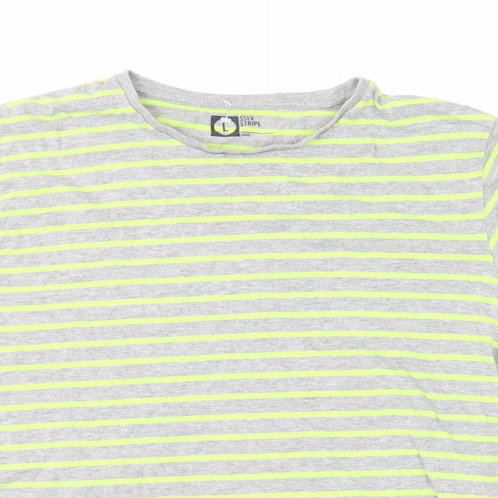 Cedar Wood State Womens Green Striped Cotton Basic T-Shirt Size L Round Neck