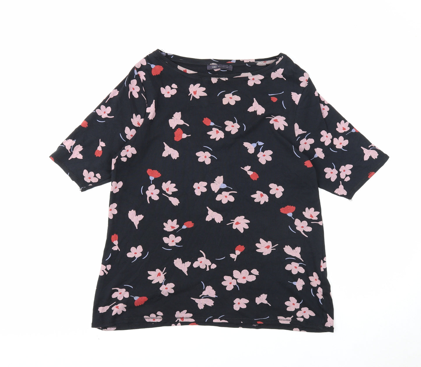 Marks and Spencer Womens Black Floral Cotton Basic T-Shirt Size 18 Boat Neck