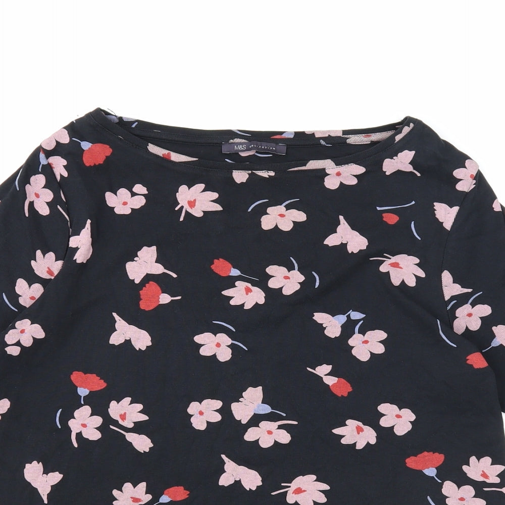 Marks and Spencer Womens Black Floral Cotton Basic T-Shirt Size 18 Boat Neck
