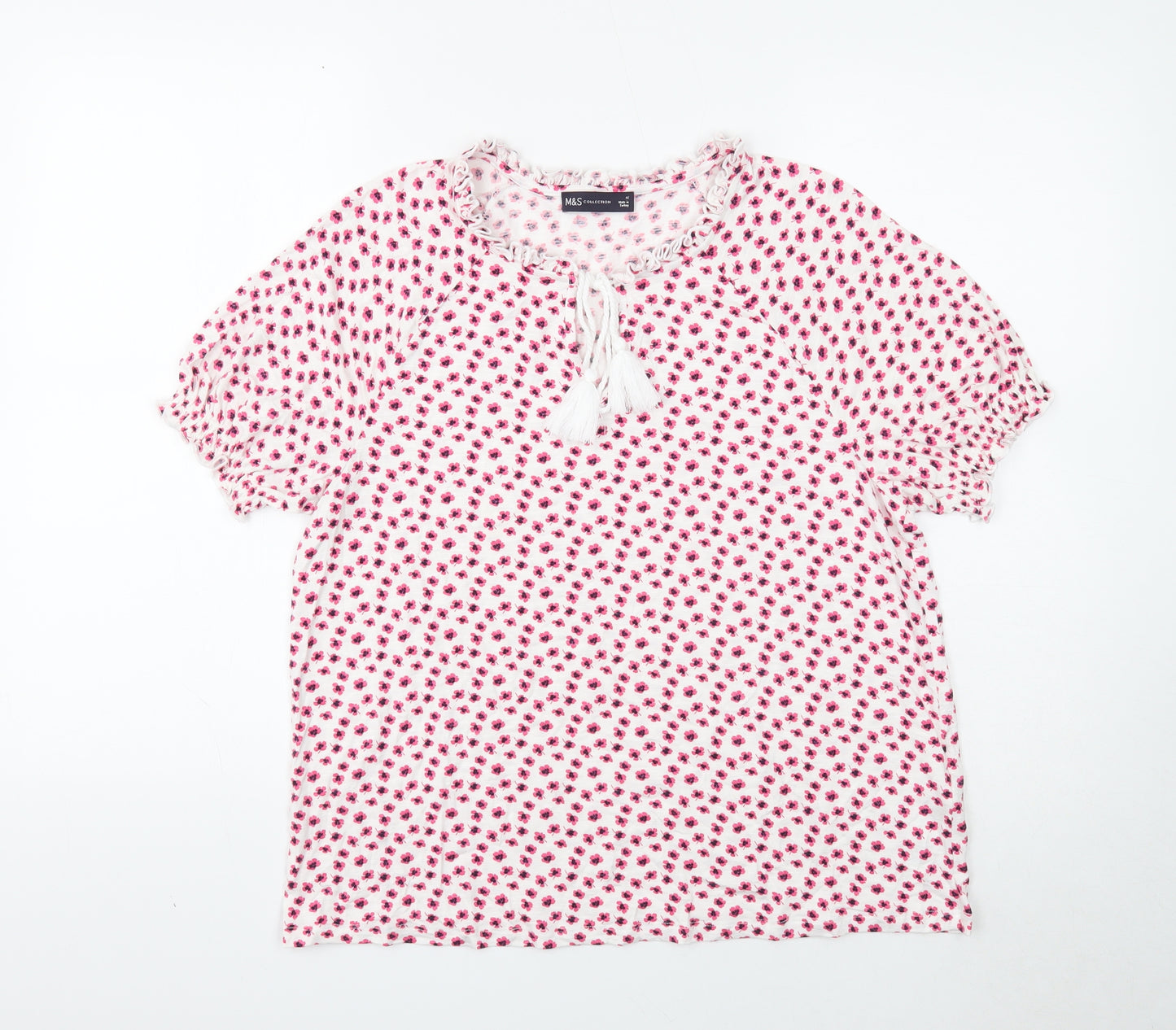 Marks and Spencer Womens White Floral Viscose Basic T-Shirt Size 16 Round Neck