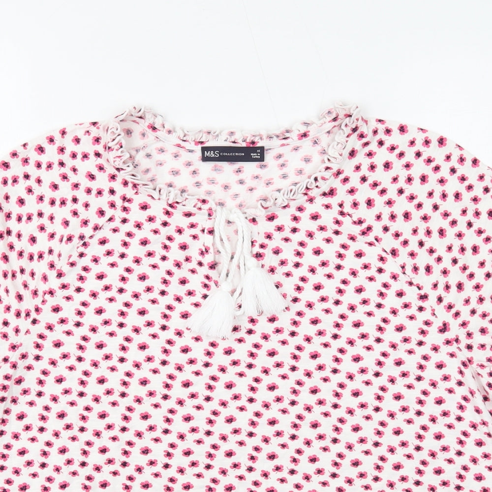 Marks and Spencer Womens White Floral Viscose Basic T-Shirt Size 16 Round Neck