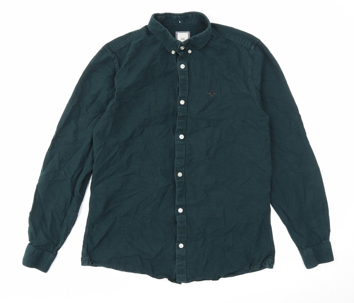River Island Mens Green Cotton Button-Up Size M Collared Button